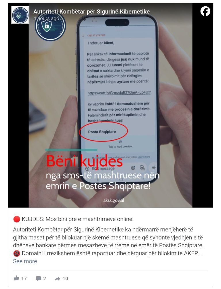 Kujdes Nga Ky Mesazh Mashtrues! Në Emër Të Postës Shqiptare Po Vjedhin Të Dhënat Tuaja Bankare