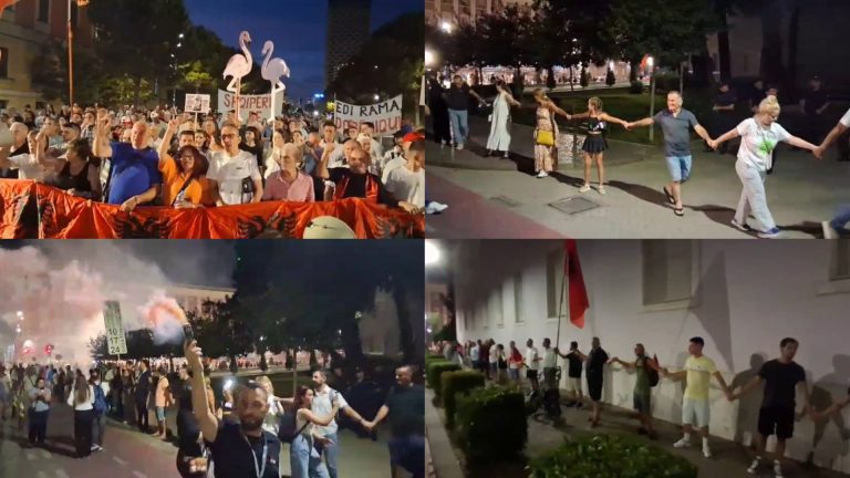 100 ditë protestë para Kryeministrisë, tubuesit e rrethojnë simbolikisht me thirrjen “Shqipëria nuk është në shitje”